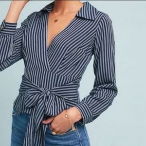 Maeve from Anthropologie women's wrap linen longsleeve blouse size 14 stripes